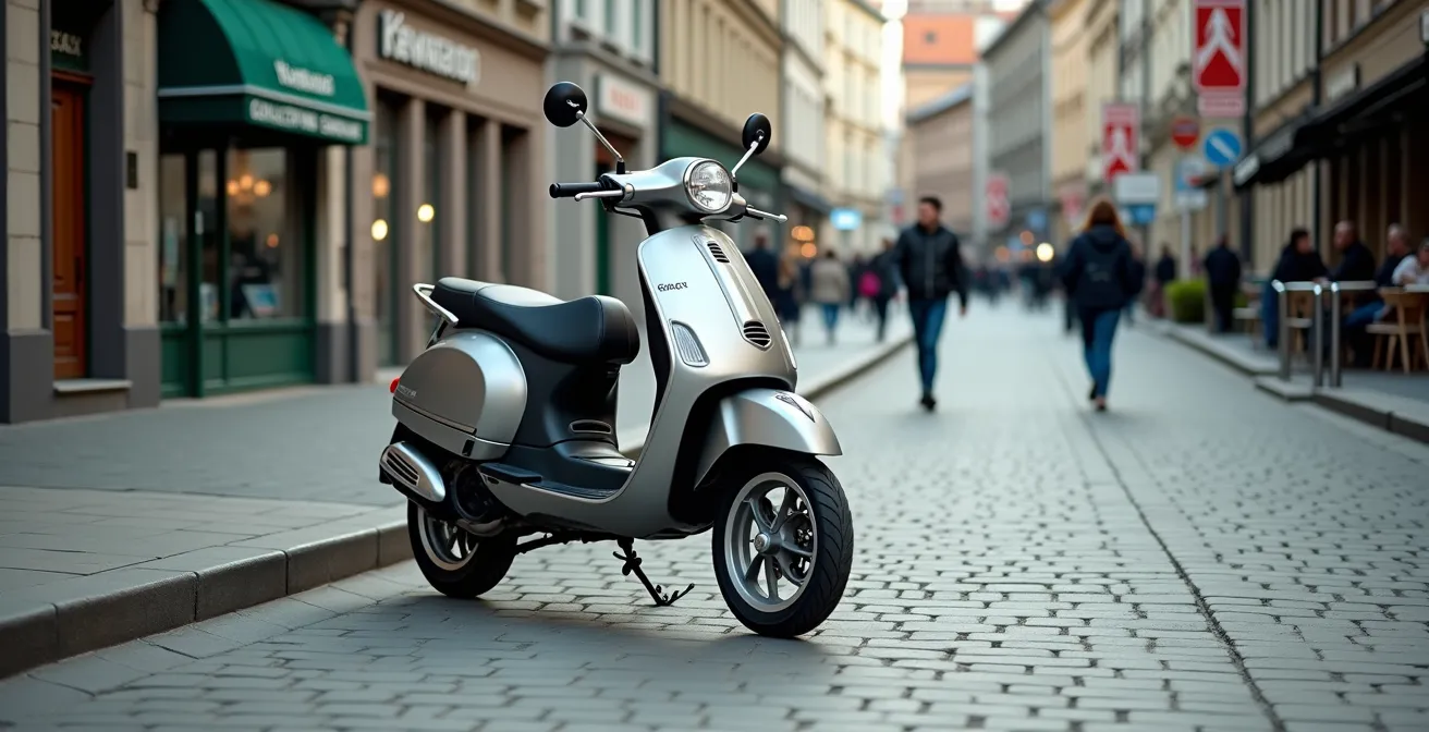 Ein 125er Roller korrekt auf einem breiten Gehweg geparkt mit ausreichend Platz für Fußgänger in einer deutschen Innenstadt