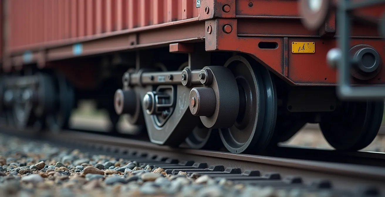 Luftaufnahme eines 740-Meter-Güterzugs mit 35 Containerwagen auf deutscher Hauptstrecke