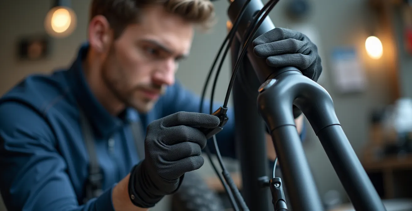 Detailaufnahme eines ABS-Sensors an einer E-Bike-Gabel bei der Wartung