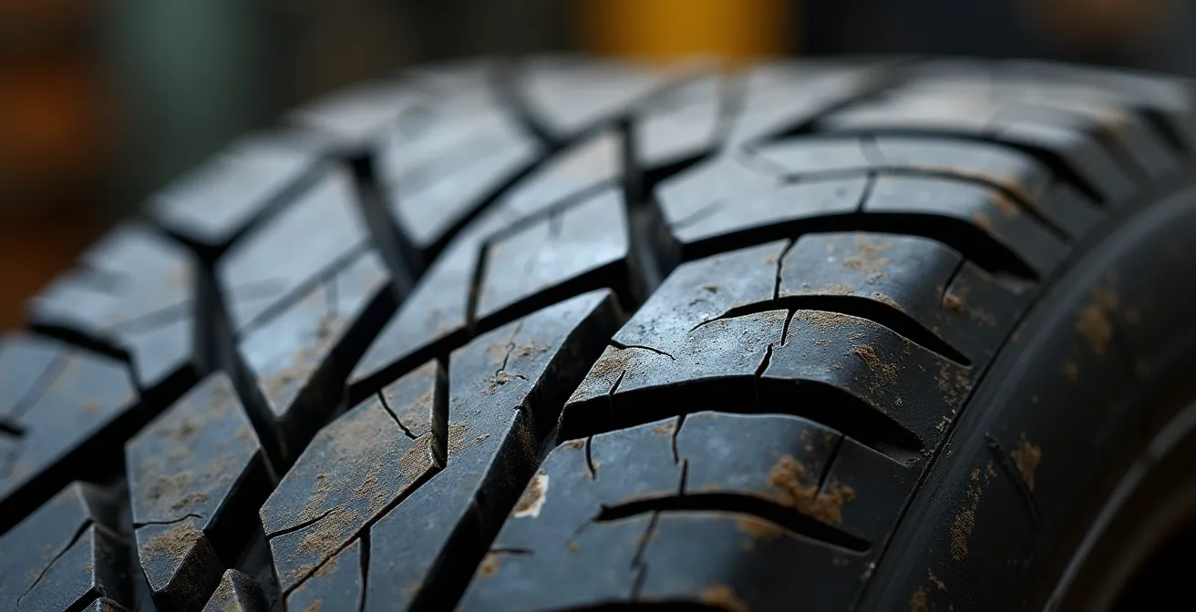 Detailaufnahme eines gealterten Reifens mit sichtbaren Mikrorissen trotz gutem Profil