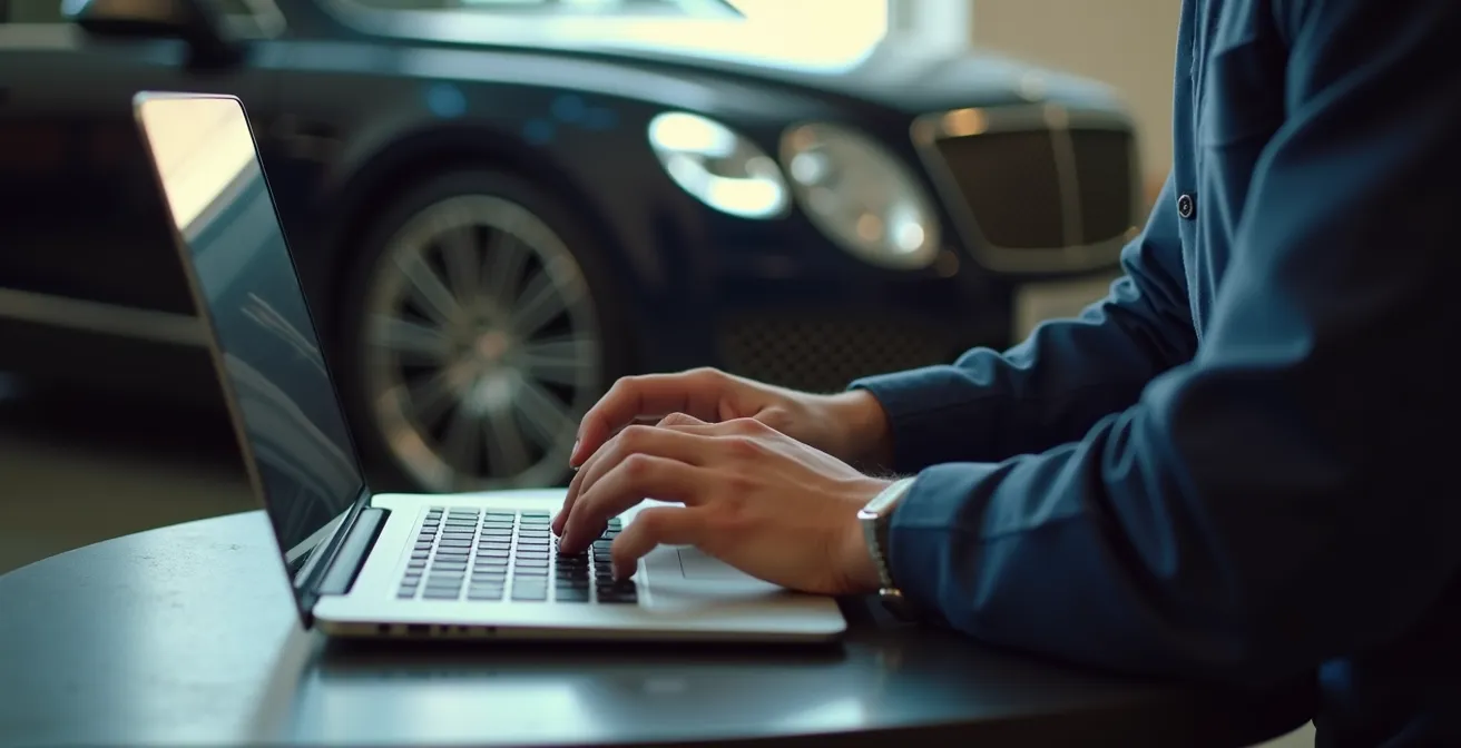 Professionelle Fahrzeugcodierung mit Laptop in moderner Werkstattumgebung