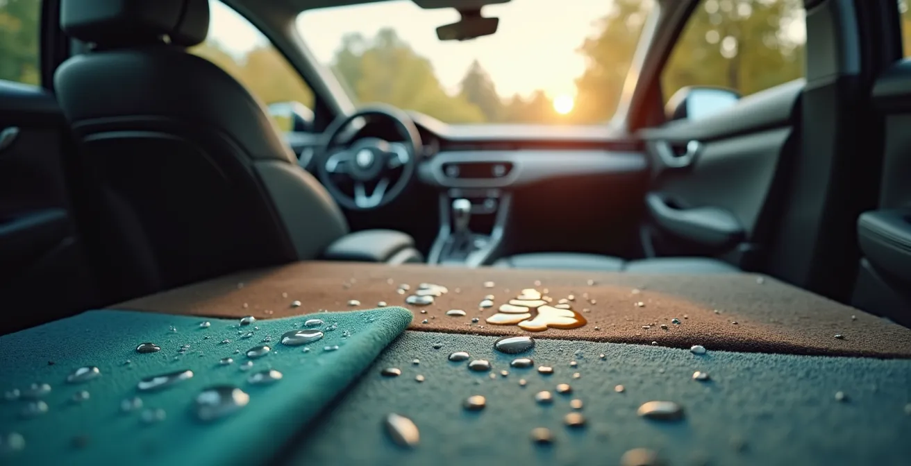 Verschiedene Autositzmaterialien im Familienalltag mit verschütteten Getränken