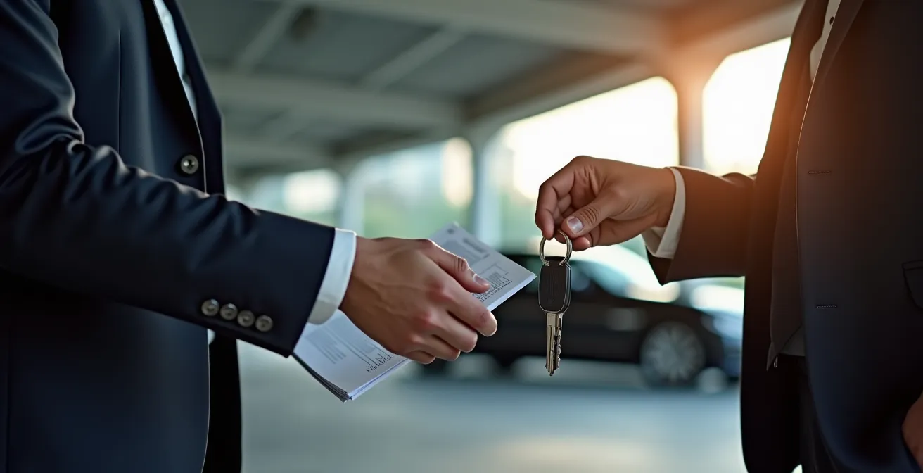Ein Geschäftsmann übergibt Autoschlüssel, was die ernsten finanziellen Konsequenzen bei einem vorzeitigen Verkauf eines geförderten Dienstwagens symbolisiert.