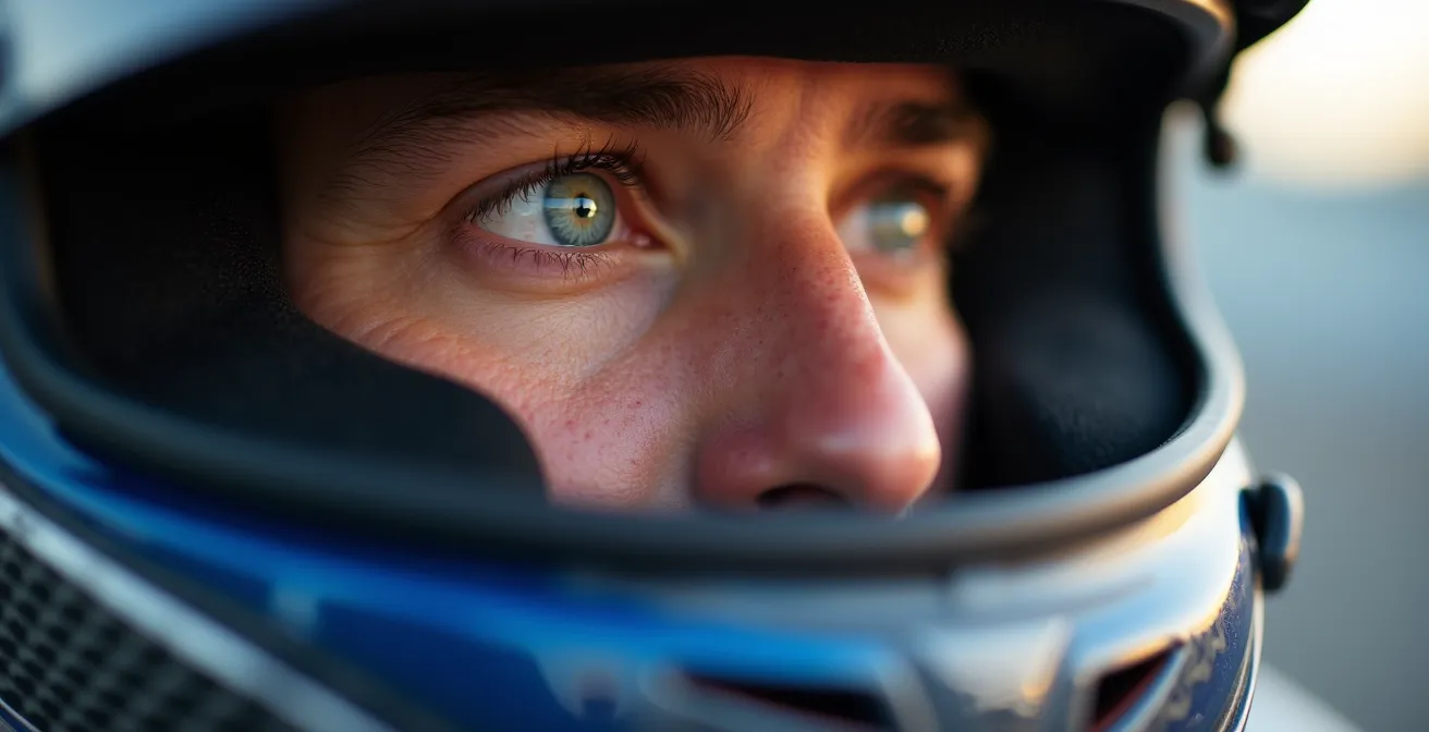 Nahaufnahme eines Rennfahrers mit fokussiertem Blick durch die Helmvisier