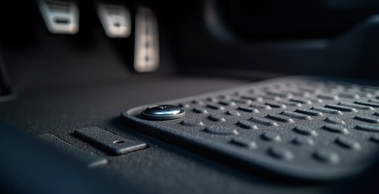 Detailaufnahme einer sicher befestigten Gummimatte mit Druckknopfsystem, das die Matte am Fahrzeugboden verankert.