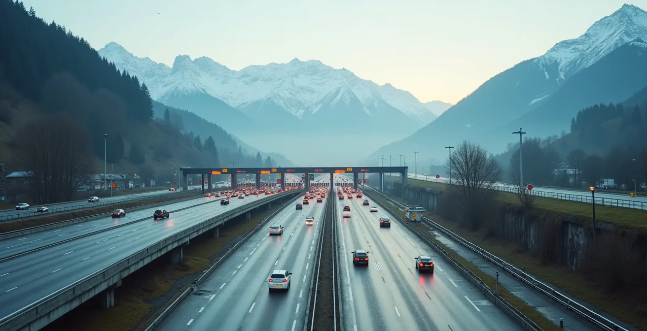 Vogelperspektive auf Brenner-Mautstelle mit verschiedenen Fahrspuren und Alpenkulisse