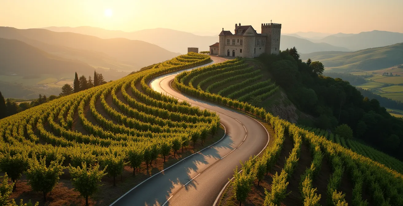 Dramatische Luftaufnahme einer kurvenreichen Straße durch deutsche Weinberge