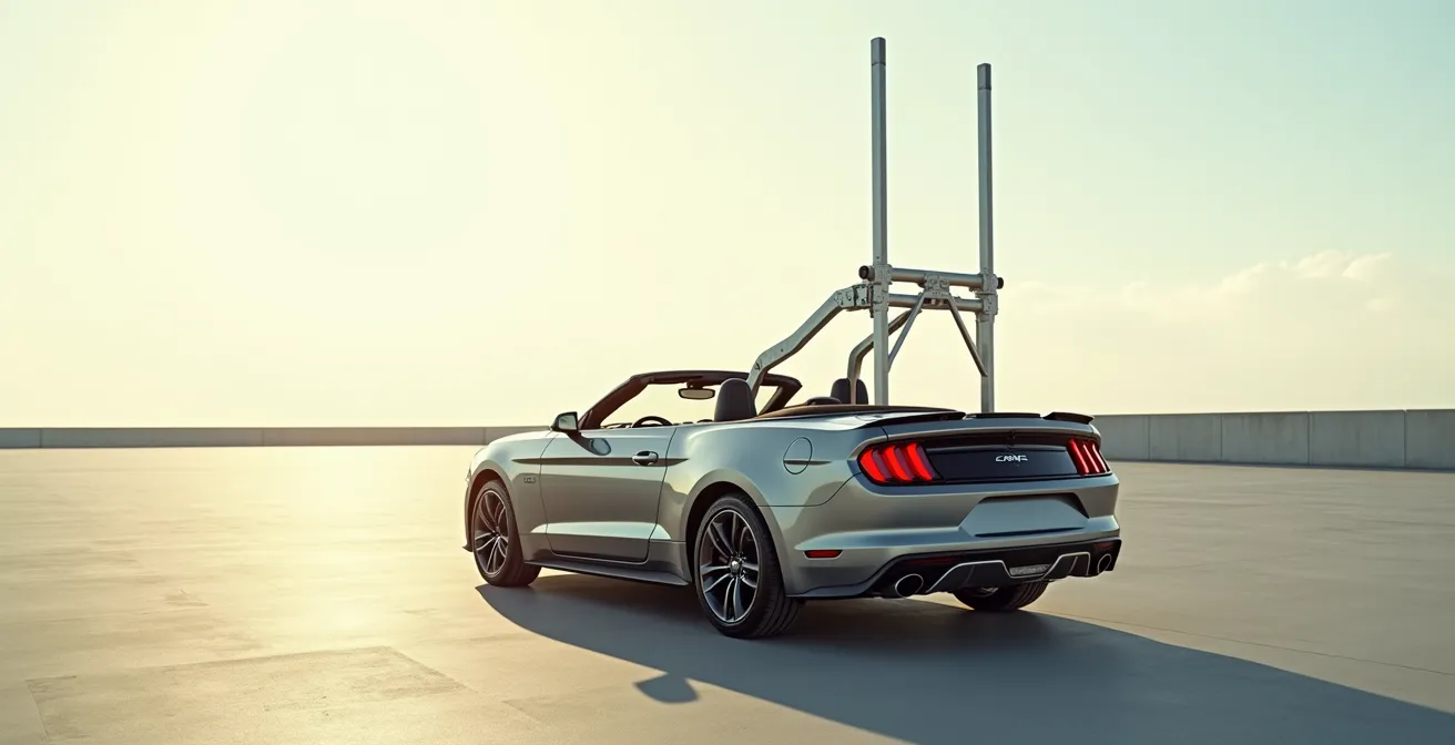 Technische Darstellung eines aktivierten Überrollschutzsystems bei einem Cabrio