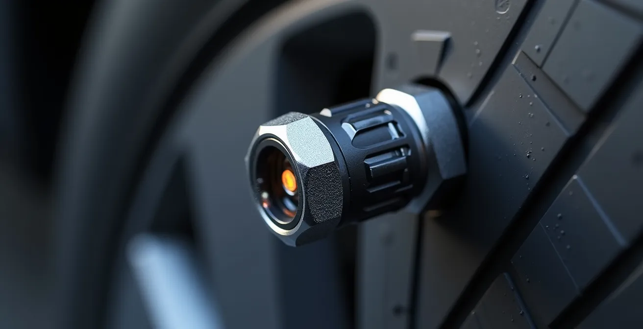 Makroaufnahme eines RDKS-Sensors am Reifenventil mit sichtbaren elektronischen Komponenten