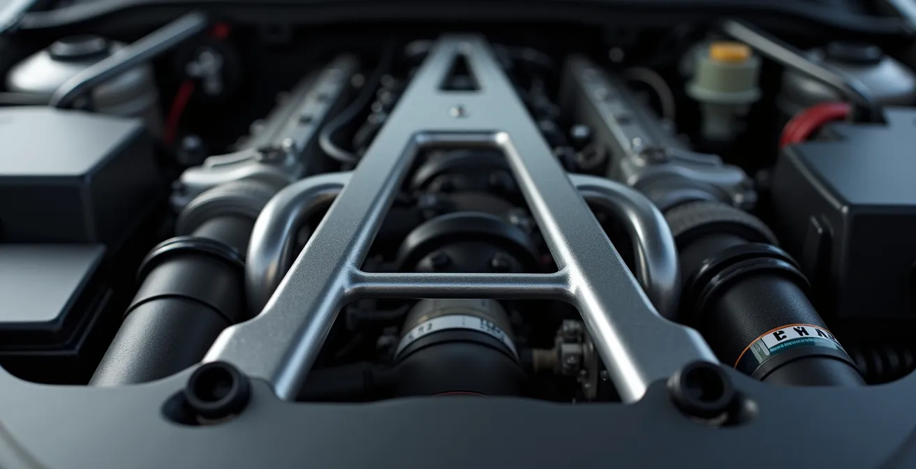 Weitwinkelaufnahme eines Motorraums mit montierter Domstrebe zwischen den Federbeindomen