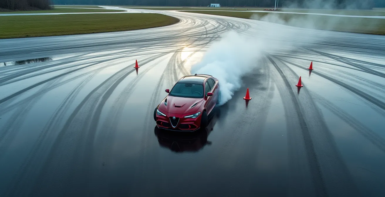 Vogelperspektive eines BMW auf nasser Kreisbahn während Drift-Training