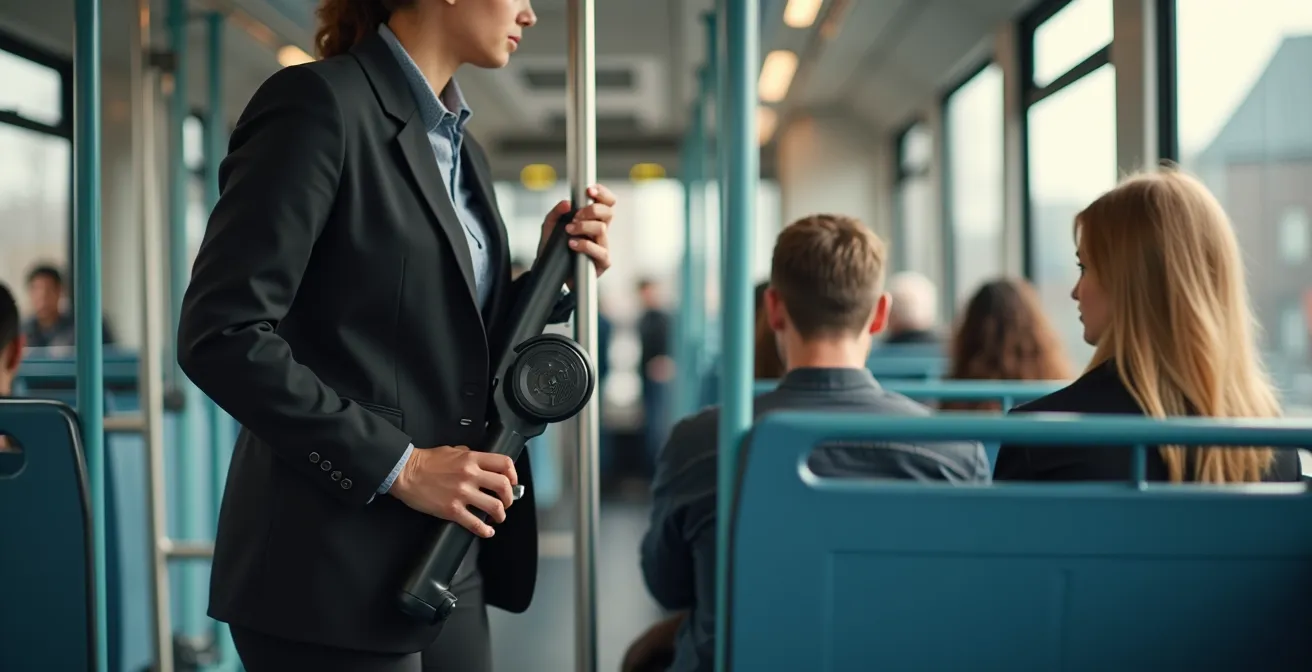 Zusammengeklappter E-Scooter wird platzsparend in öffentlichem Verkehrsmittel transportiert