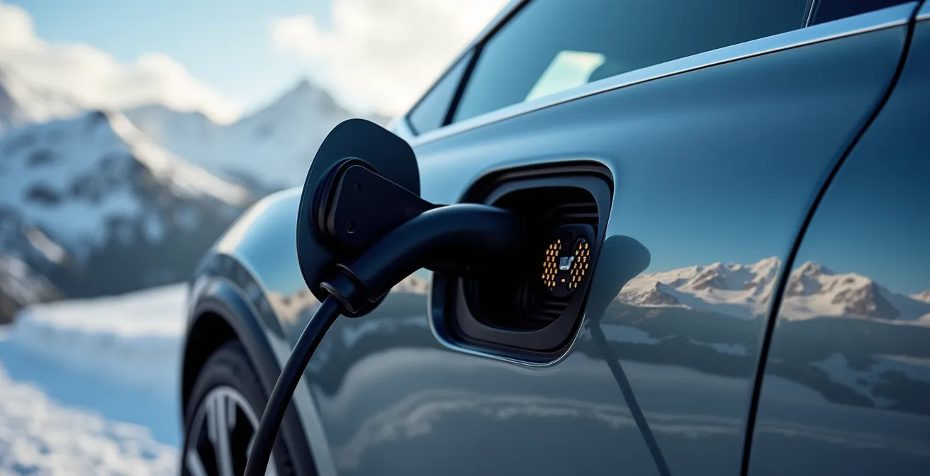 Elektroauto navigiert durch alpines Höhenprofil mit Ladeplanung
