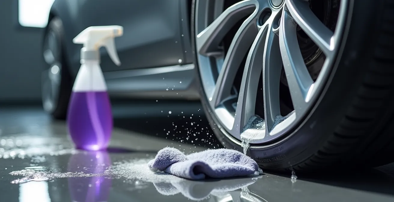 Detailaufnahme der schonenden Reinigung einer hochglanzpolierten Felge mit pH-neutralem Reiniger