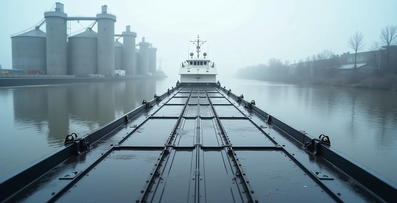 Weitwinkelaufnahme eines Binnenschiffs mit geschlossenen Lukendeckeln zum Schutz der Getreideladung