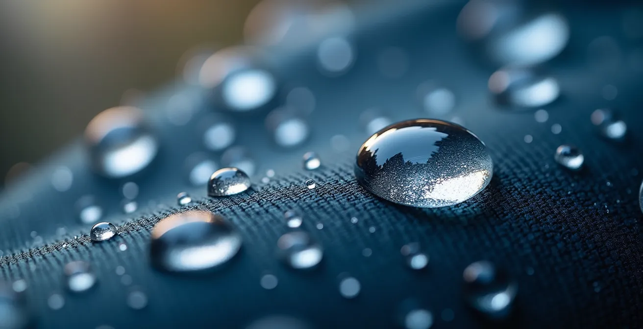 Nahaufnahme einer wasserdichten Membran mit perfektem Abperleffekt des Wassers