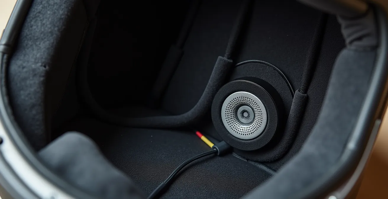 Nahaufnahme der korrekten Lautsprecherpositionierung in den dafür vorgesehenen Aussparungen eines Motorradhelms