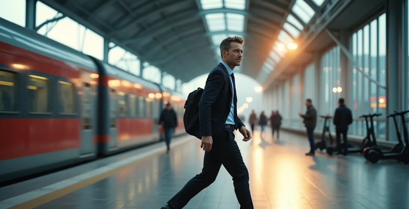 Geschäftsreisender am modernen deutschen Bahnhof mit E-Scootern im Hintergrund