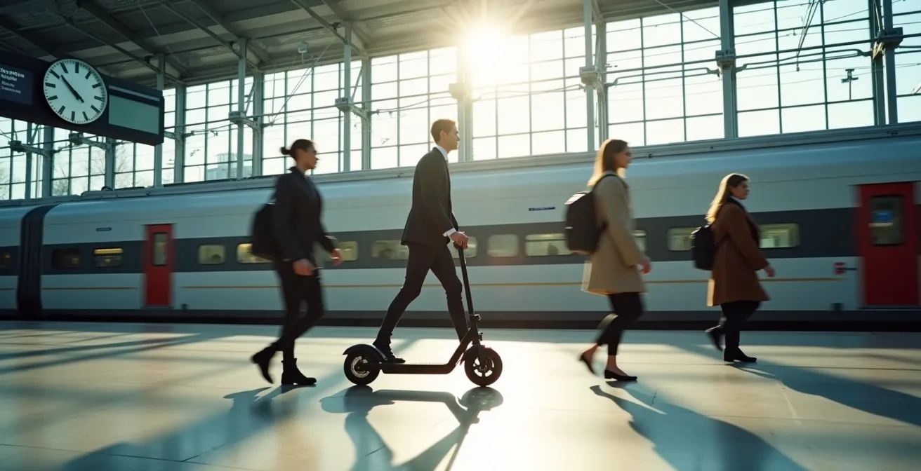 Geschäftsreisender mit zusammengeklapptem E-Scooter am ICE-Bahnsteig