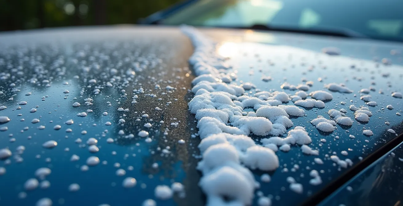 Detailaufnahme der enzymatischen Reinigung von Insektenresten am Fahrzeug