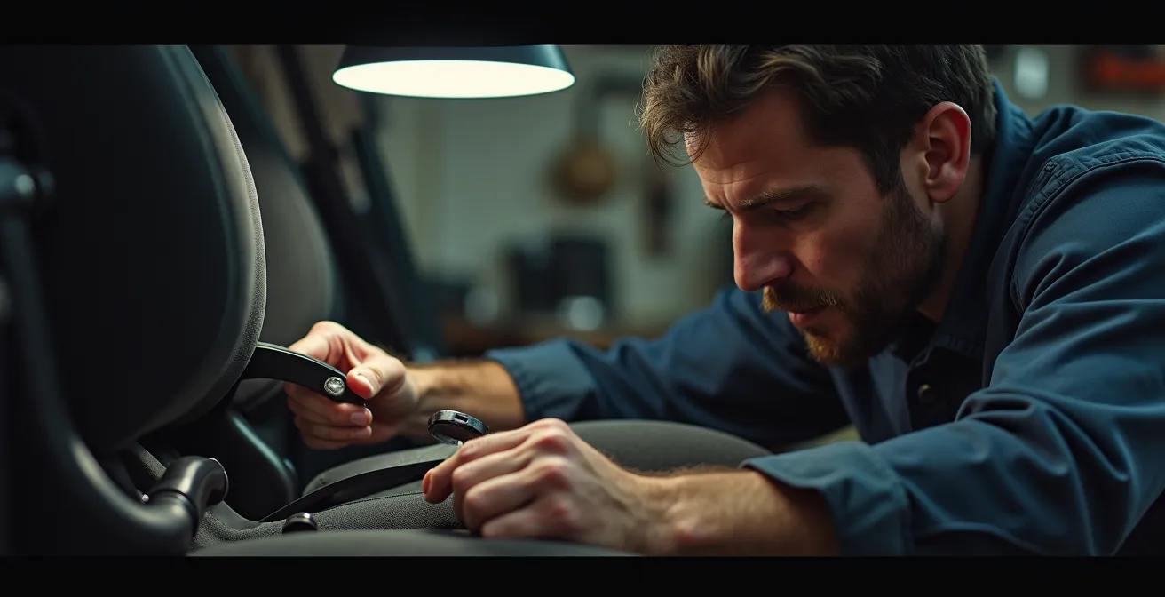 Ein Mechaniker installiert mit konzentriertem Blick ein Isofix-Nachrüstkit in den Rahmen eines älteren Fahrzeugs.