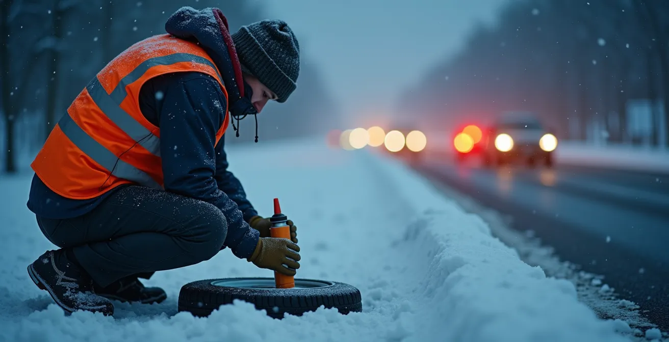 Autofahrer mit Warnweste versucht bei Schneefall zähes Dichtmittel in Reifen zu füllen