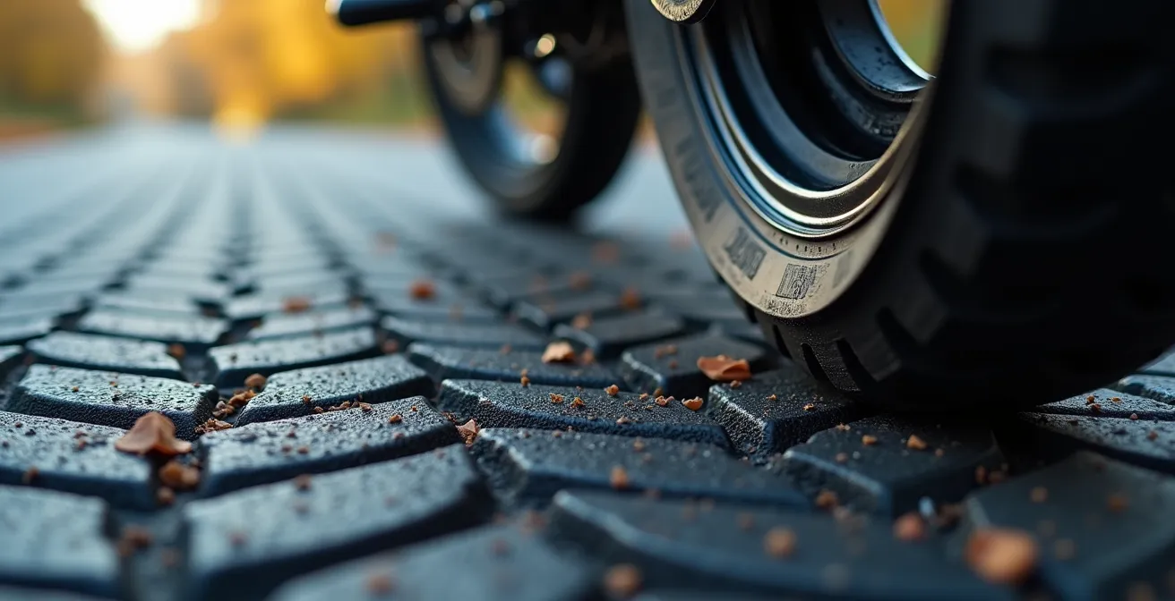 Detailaufnahme eines Motorradreifens in Schräglage mit visualisierter Kraftverteilung