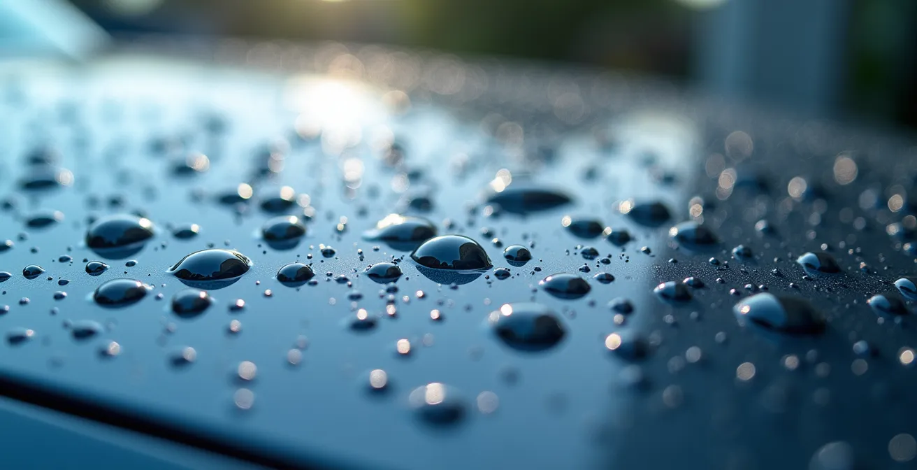 Nahaufnahme einer glänzenden Autooberfläche mit Wassertropfen die abperlen und den Lotuseffekt einer Keramikversiegelung demonstrieren