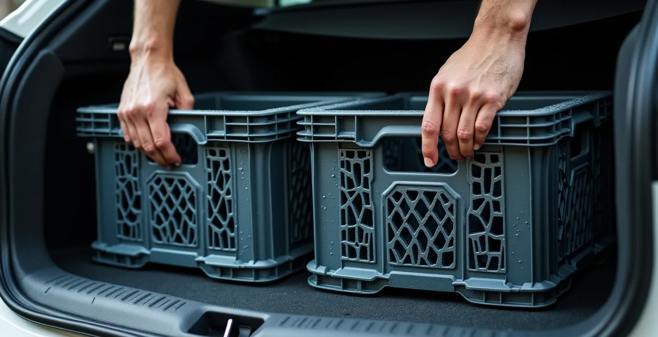 Clevere Beladungstechnik für Getränkekisten im Kleinwagen-Kofferraum