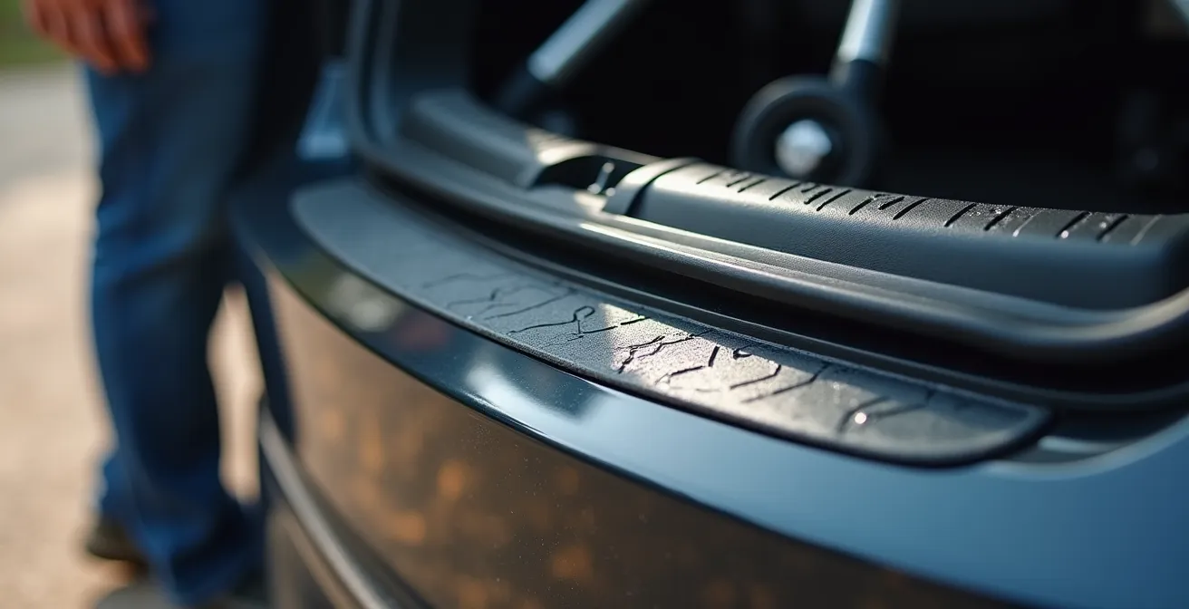 Detailaufnahme eines Ladekantenschutzes beim Einladen eines Kinderwagens in einen SUV-Kofferraum