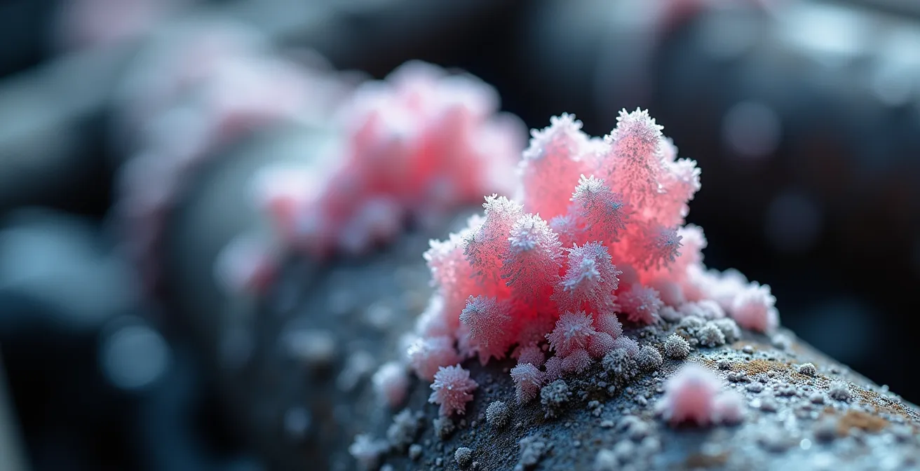 Nahaufnahme von weißen Kühlmittelablagerungen an Motorkomponenten, die auf ein Leck hinweisen