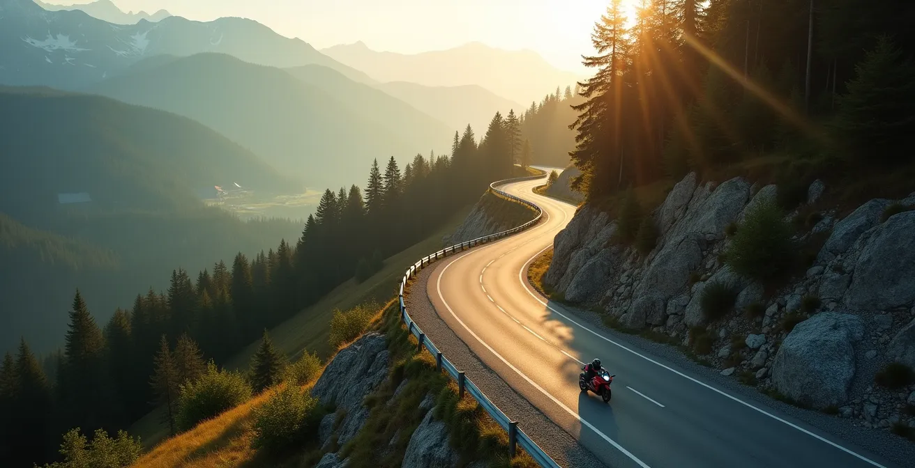 Vogelperspektive auf kurvenreiche Alpenstraße mit Motorrad in der Kurve