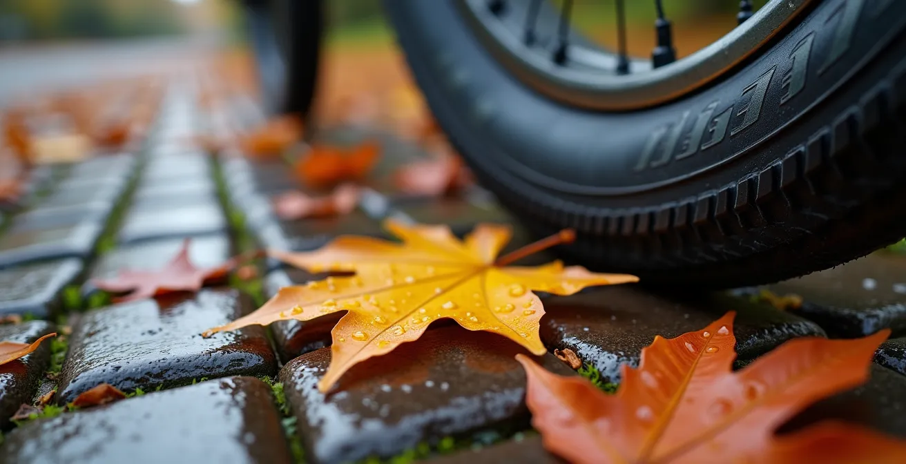 Nahaufnahme von nassem Herbstlaub auf Kopfsteinpflaster mit E-Bike-Reifen