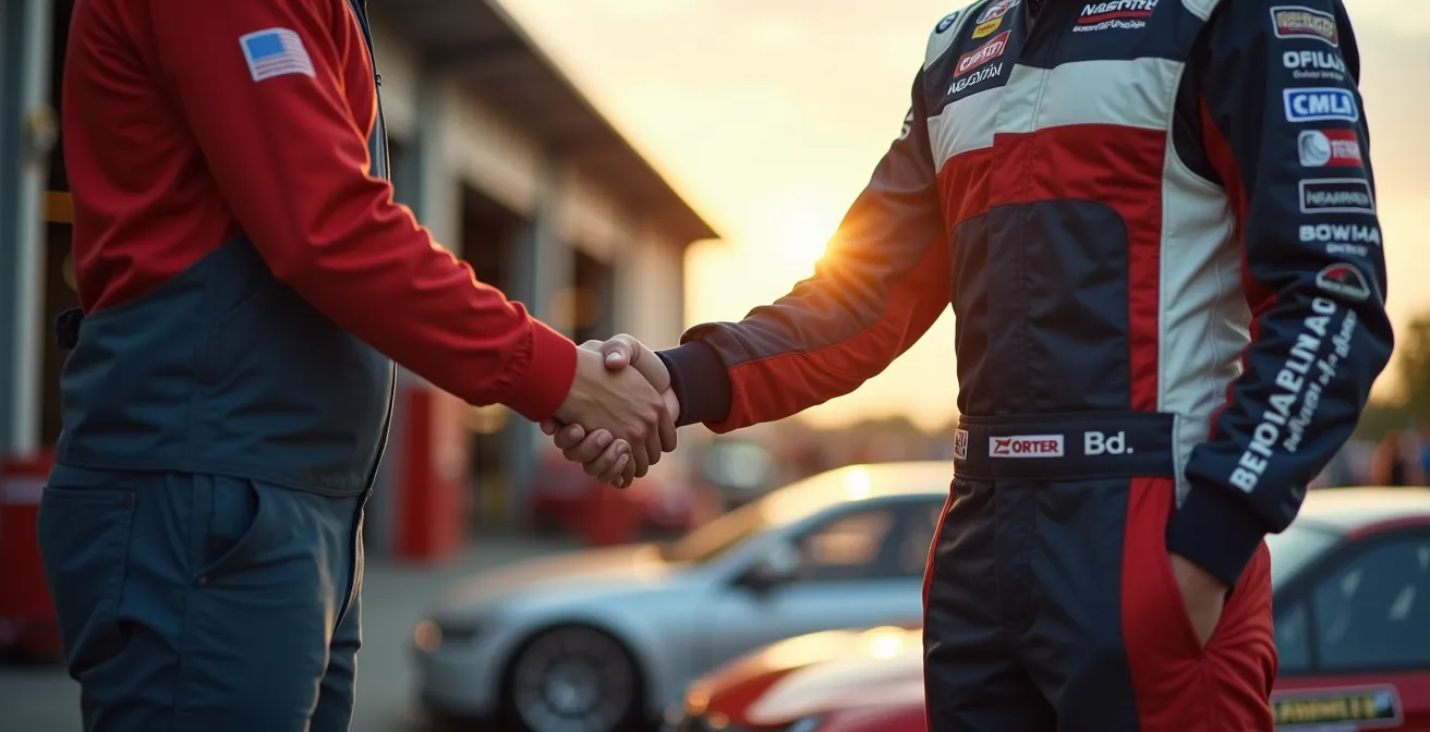 Amateur-Rennfahrer präsentiert sein Fahrzeug potentiellen lokalen Sponsoren