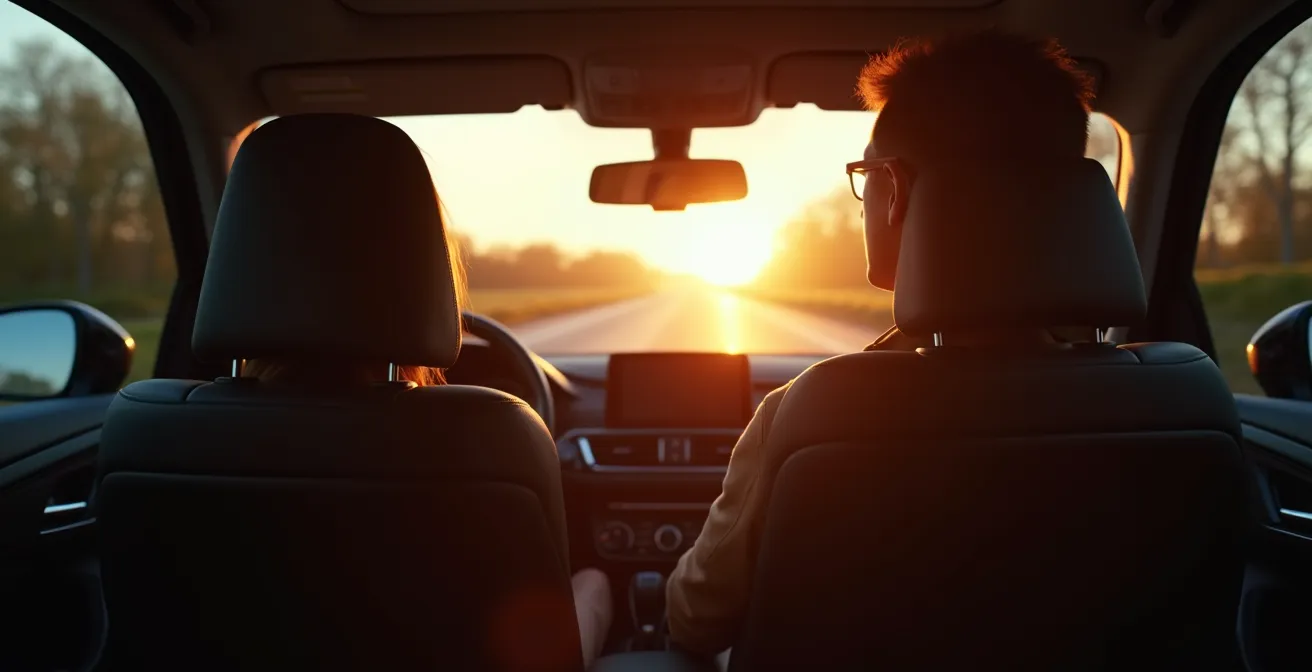Silhouette eines Fahrers in entspannter, ergonomischer Sitzposition, während er auf einer deutschen Autobahn in den Sonnenuntergang fährt.