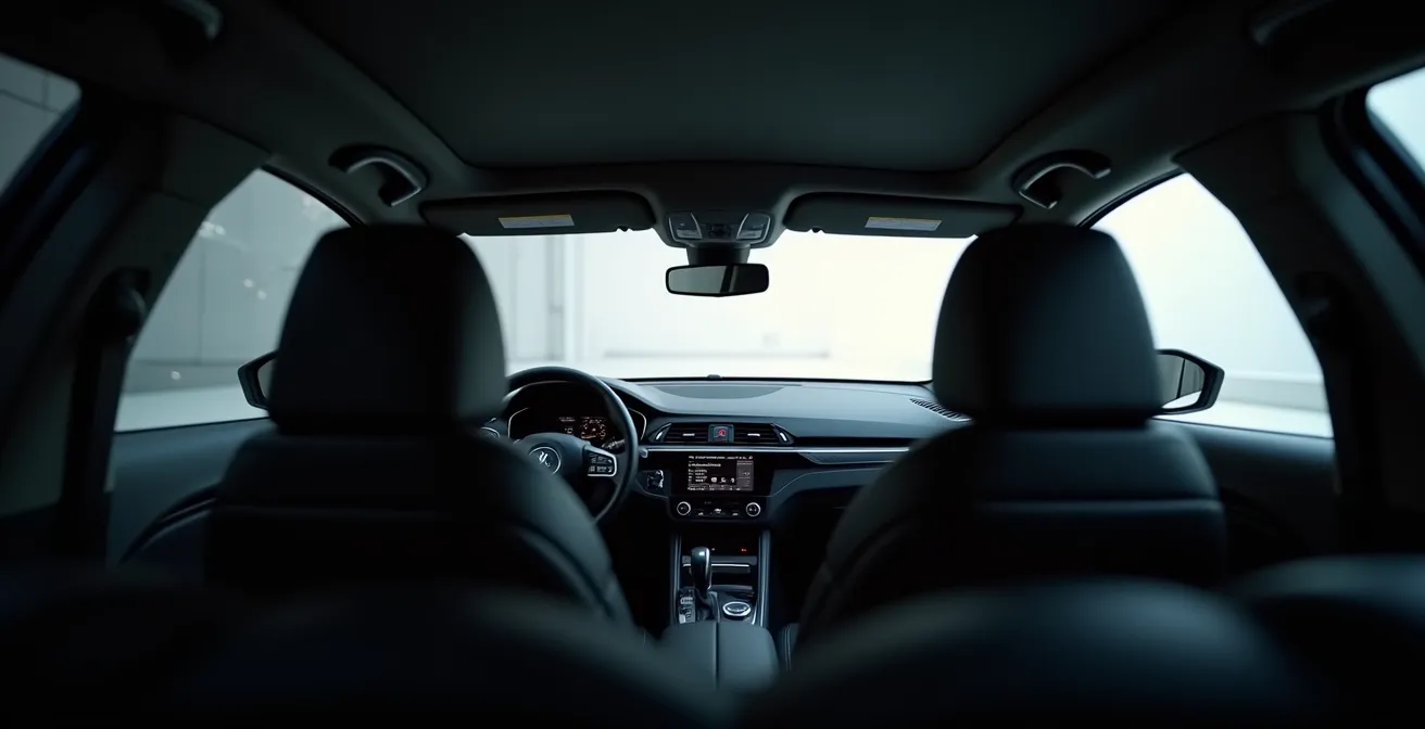 Seitenprofil eines modernen Autos mit breiten Säulen und kleinen Fenstern, das die Priorität der strukturellen Sicherheit über die Sicht verdeutlicht.