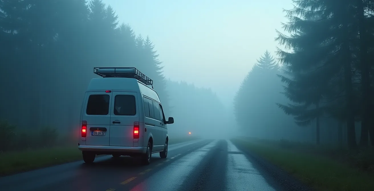 Ein Wohnmobil verlässt bei Morgengrauen einen sauberen Waldparkplatz und hinterlässt keine Spuren.