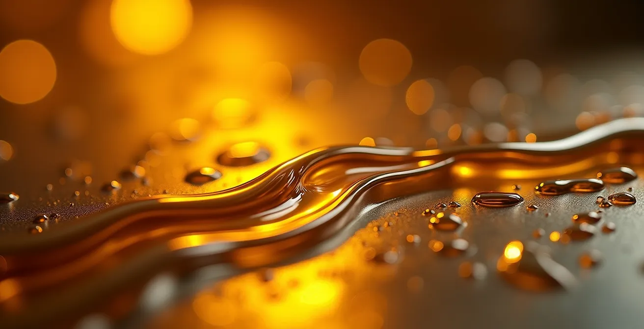 Abstrakte Darstellung eines dünnen Ölfilms auf einem heißen Motorkolben bei hoher Drehzahl