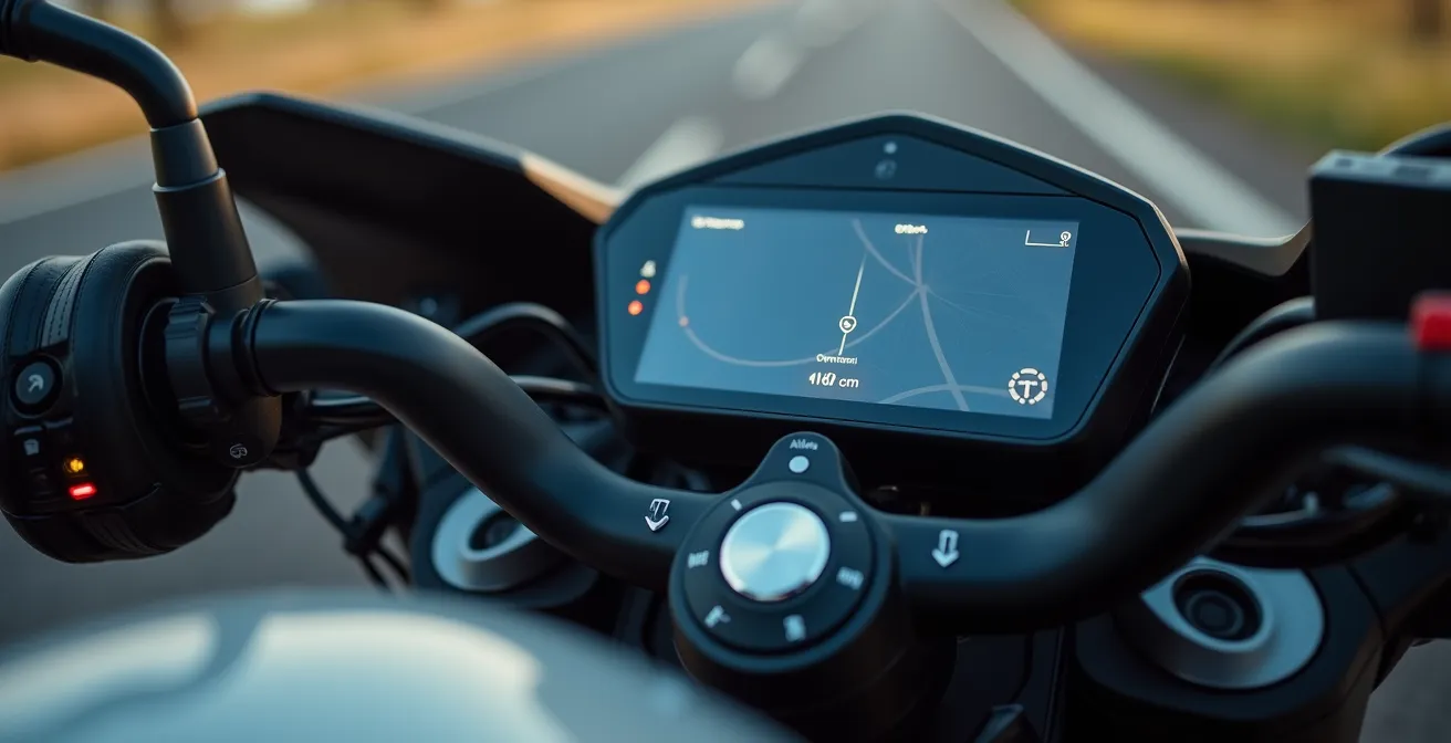 Nahaufnahme eines modernen Motorrad-Cockpits mit integrierter Smartphone-Verbindung