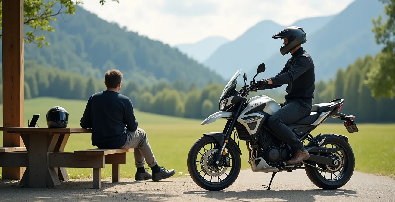 Ein Motorradfahrer nutzt die Pause, um sein am Helm befestigtes Headset mit einer Powerbank aus dem Tankrucksack aufzuladen.