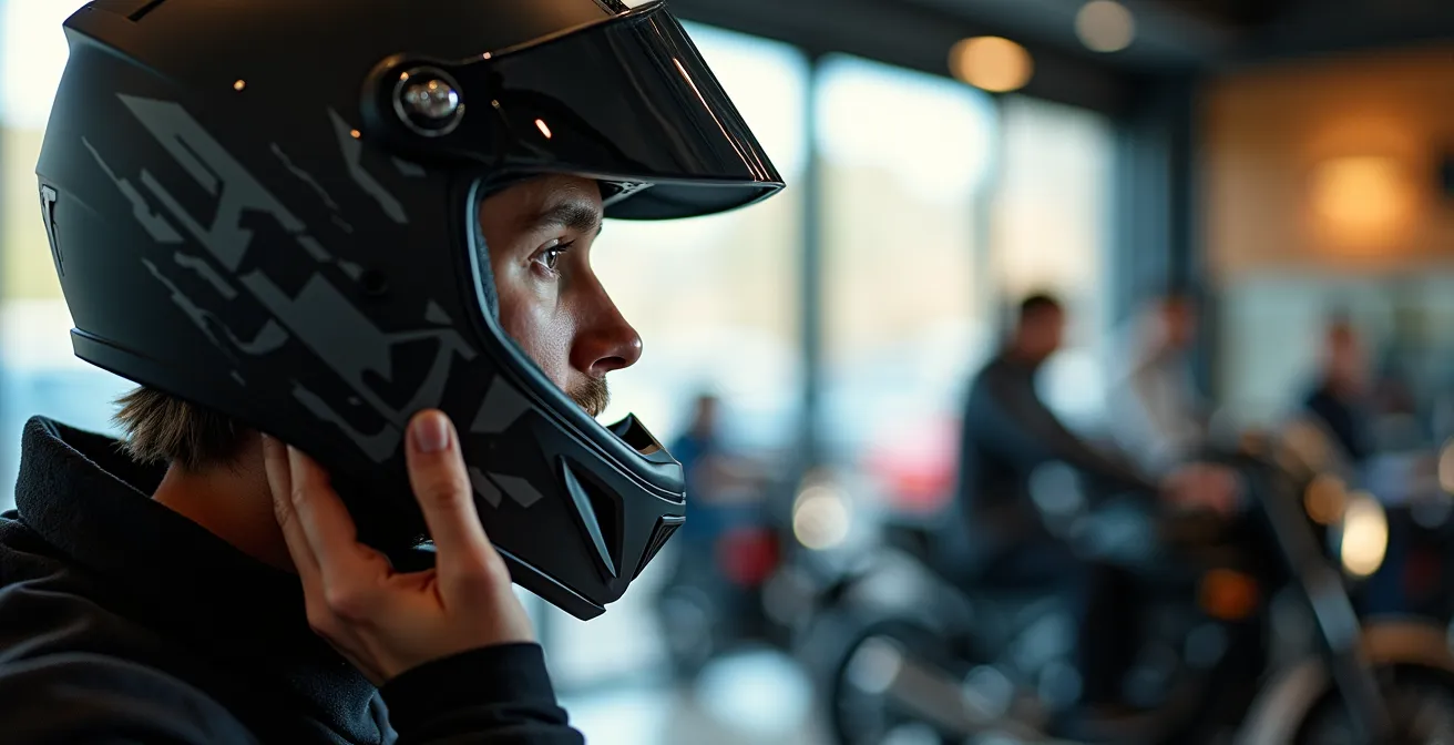 Ein Motorradfahrer prüft konzentriert die korrekte Passform seines neuen Helms im Spiegel.