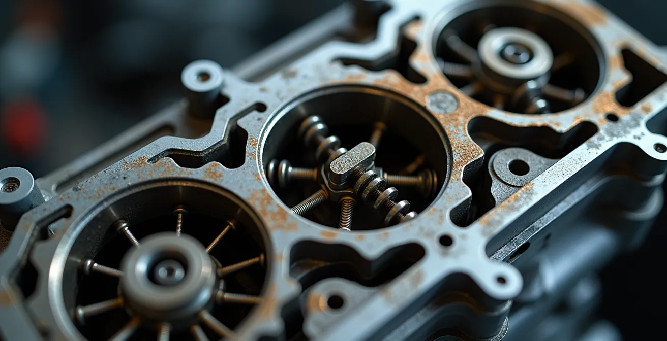 Detailaufnahme eines Motorblocks bei der Ventilspielkontrolle