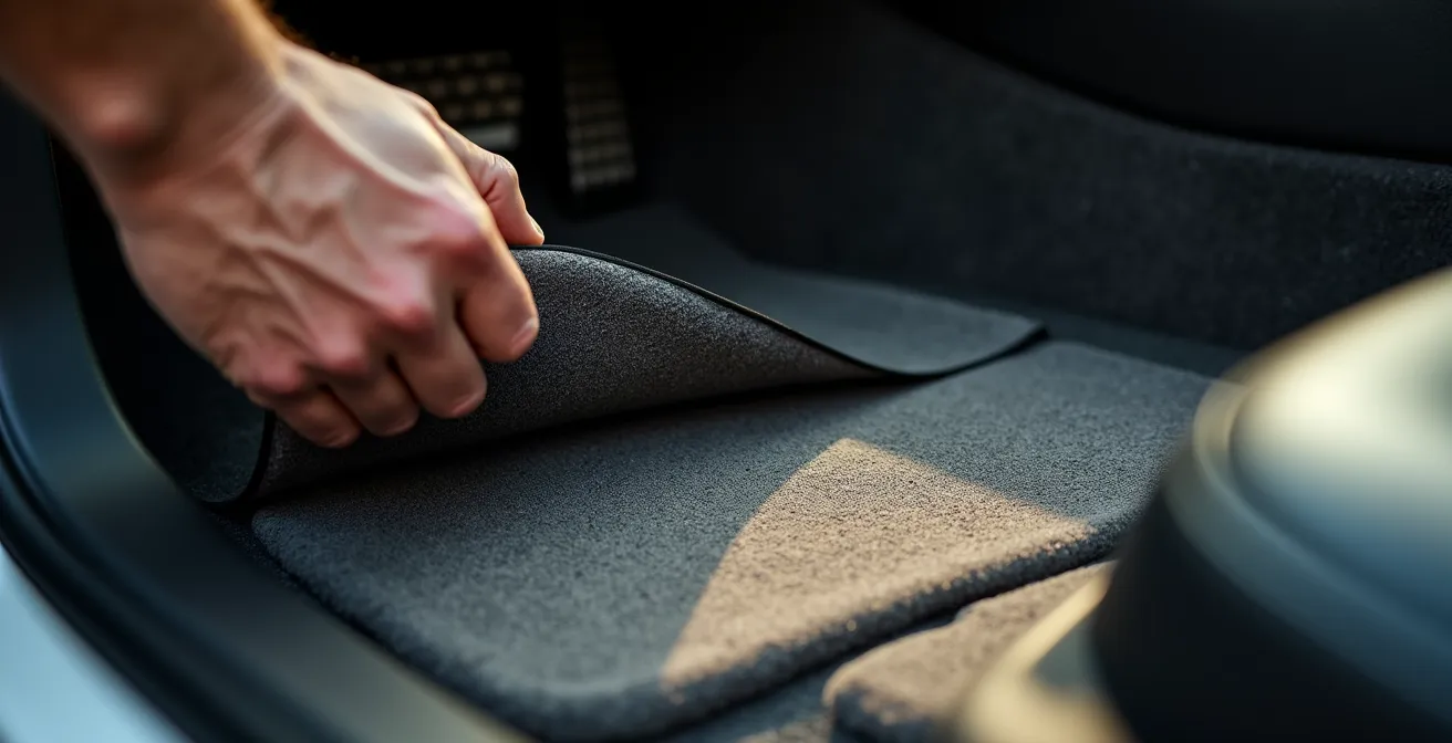 Die Hand eines Autobesitzers hebt eine hochwertige Gummimatte an und enthüllt den makellosen Originalteppich darunter nach 5 Jahren Nutzung.