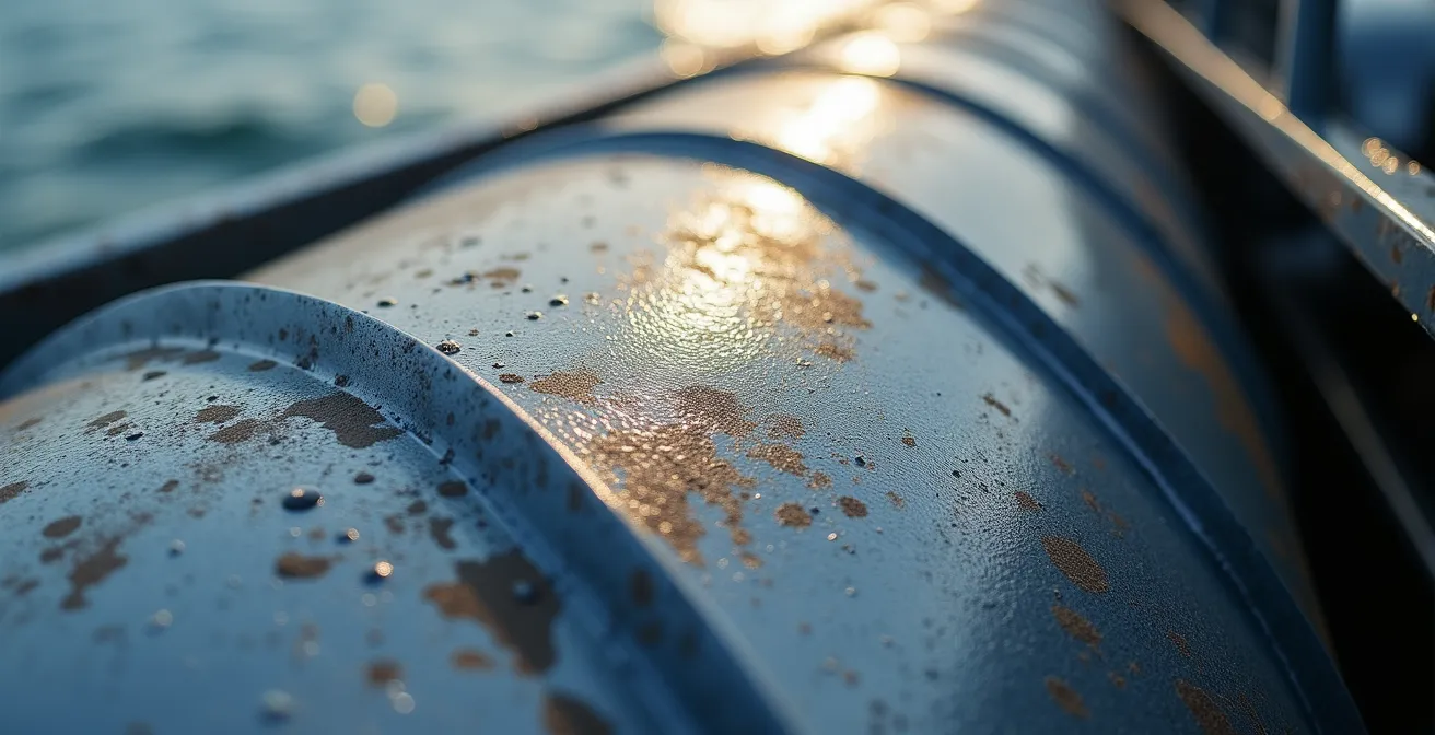 Detailansicht eines speziell konstruierten Niedrigwasser-Binnenschiffs mit optimiertem Rumpfdesign