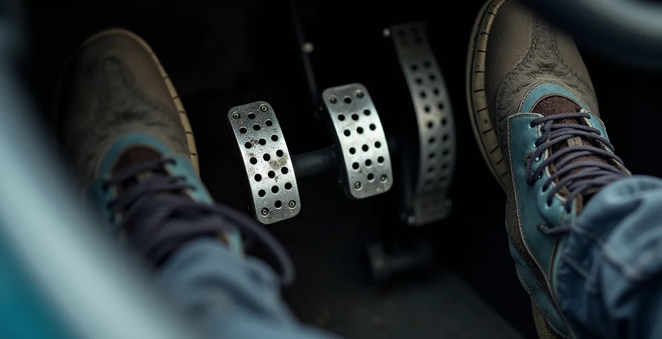 Nahaufnahme der Pedalarbeit beim Linksbremsen im Rallye-Auto