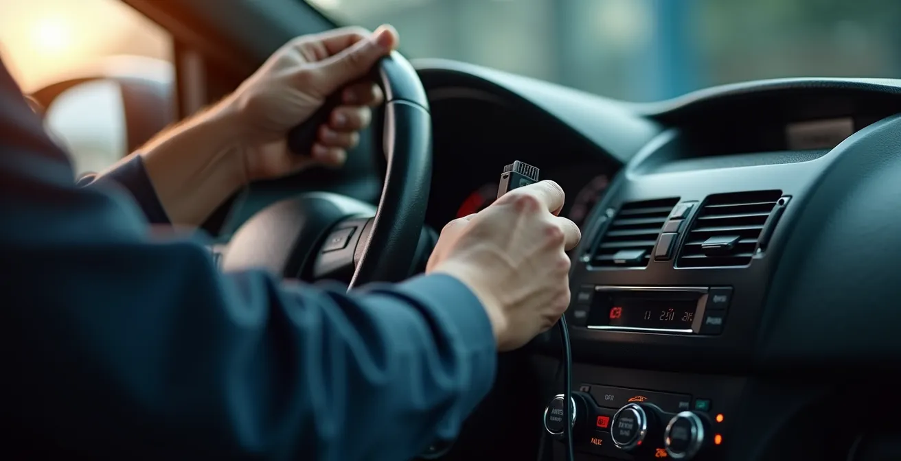 Mechaniker verbindet RDKS-Programmiergerät mit OBD-Schnittstelle im Fahrzeuginnenraum