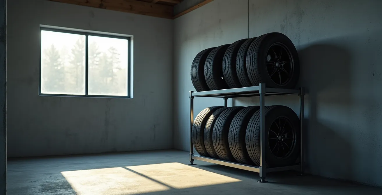 Professionelle Reifenlagerung auf einem Felgenbaum in einer deutschen Garage