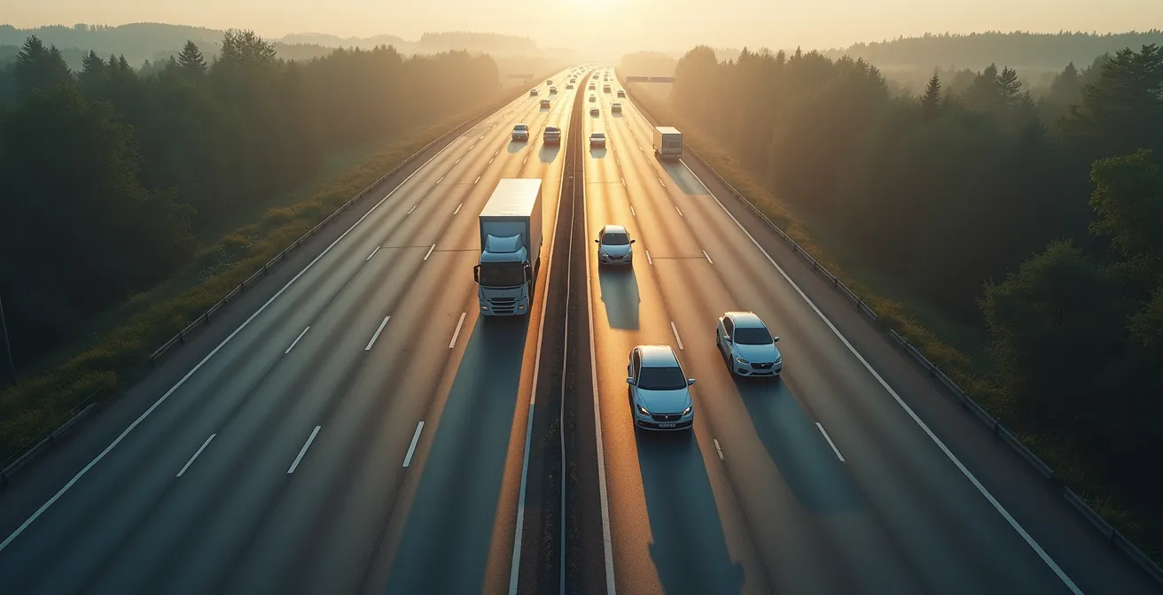 Vogelperspektive auf eine Autobahn mit korrekt angewendetem Reißverschlussverfahren an einer Fahrbahnverengung