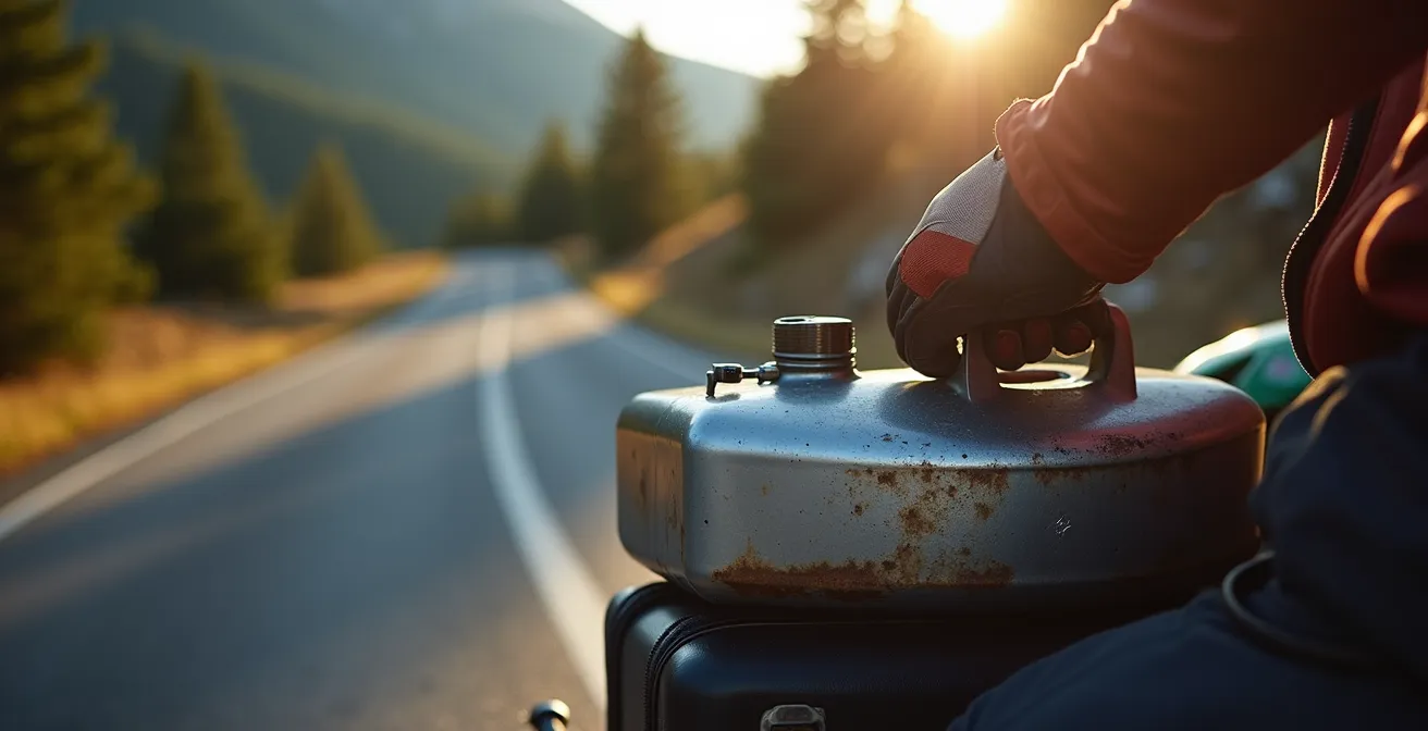 Sicher befestigter Reservekanister am Motorrad-Gepäckträger