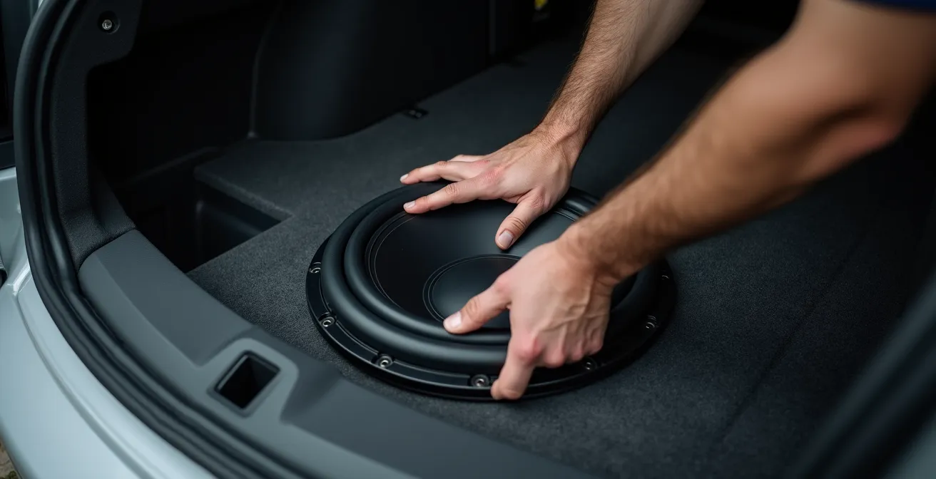 Diskrete Installation eines Subwoofers in der Reserveradmulde eines Autos.